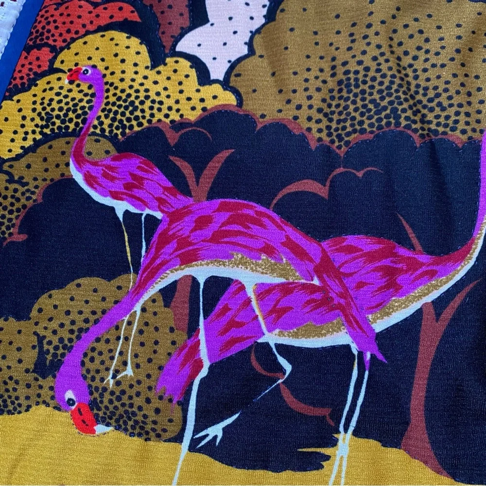 Vtg MCM Handmade Quilt Bedspread Bright Cranes Birds Maroon Wool Floral 58”x82”